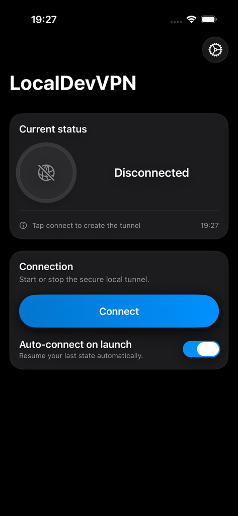 LocalDevVPN - Écran principal de l'application LocalDevVPN affichant un statut déconnecté et un bouton de connexion