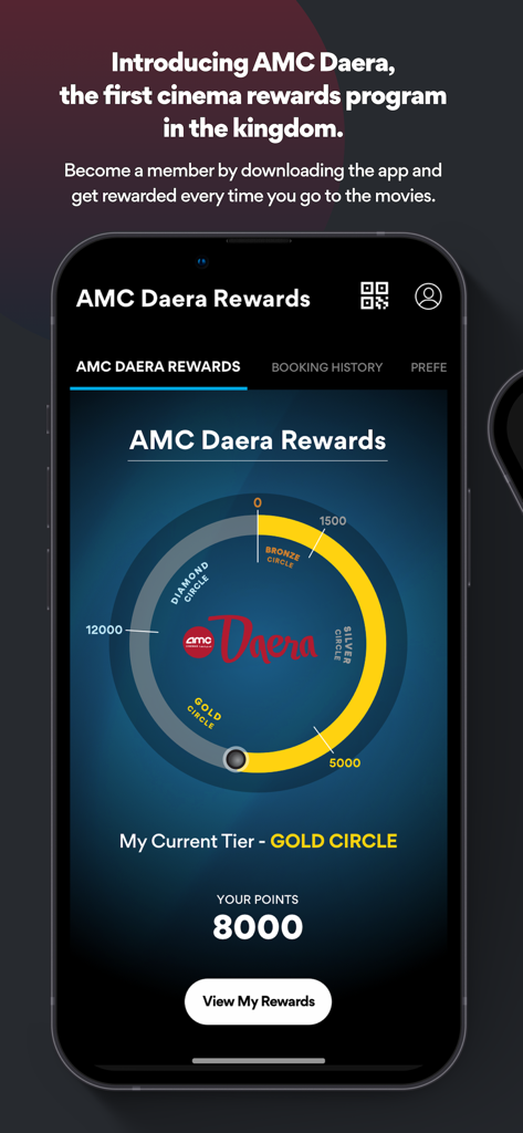 AMC Cinemas KSA - AMC Daera rewards dashboard on a smartphone showing Gold Circle tier status and 8000 points