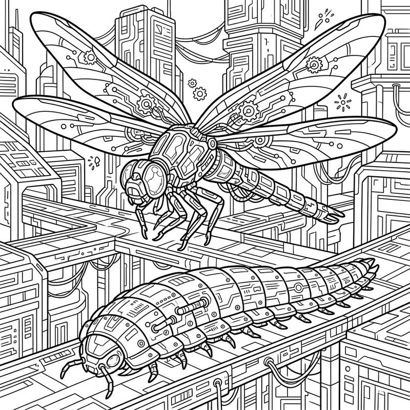 Step into a thrilling future where colossal insects reign supreme! This unique coloring page blends the grandeur of prehistoric giants with intricate cyberpunk details, inviting you to electrify their mechanical forms.