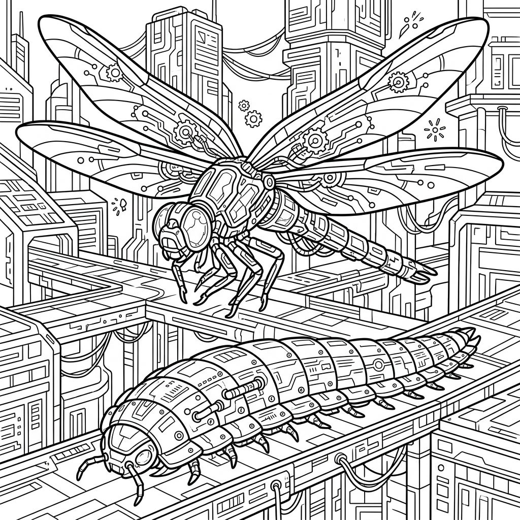Giant Cyberpunk Insects Coloring Page | Futuristic Fun