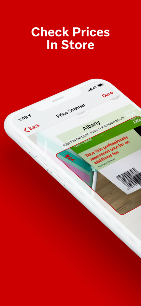 Tela de um smartphone mostrando o recurso de scanner de preços do aplicativo The Warehouse para verificar preços de produtos na loja escaneando códigos de barras.
