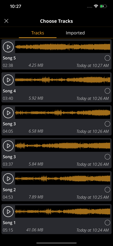 Music Joiner - Merge Audio - The tracks selection screen of the Music Joiner app showing a list of songs with their waveforms and file sizes