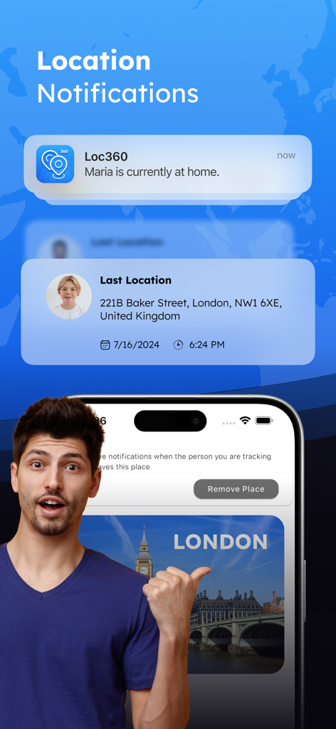 Phone Location GPS Tracker - A smartphone displaying Loc365 family location notifications and real time GPS tracking alerts for a child in London