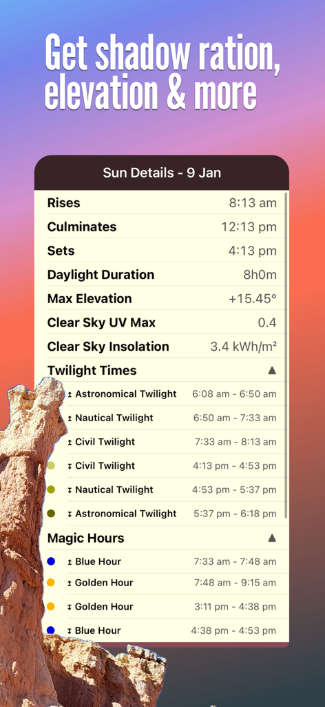 Sun Seeker - Sunlight Tracker - Mobile app screen showing daily solar data including sunrise sunset twilight and magic hours