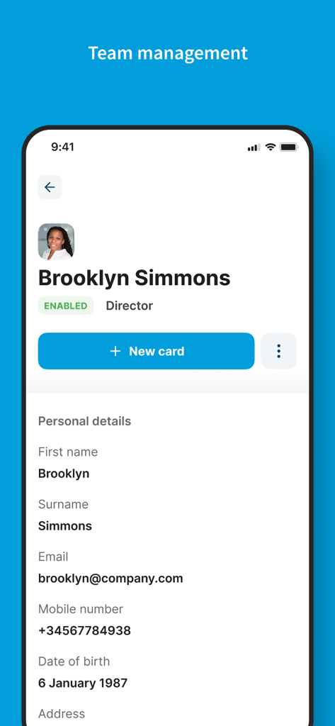 United Nations Debit Card - Team management interface in the United Nations Debit Card app showing the personal profile and details of a director