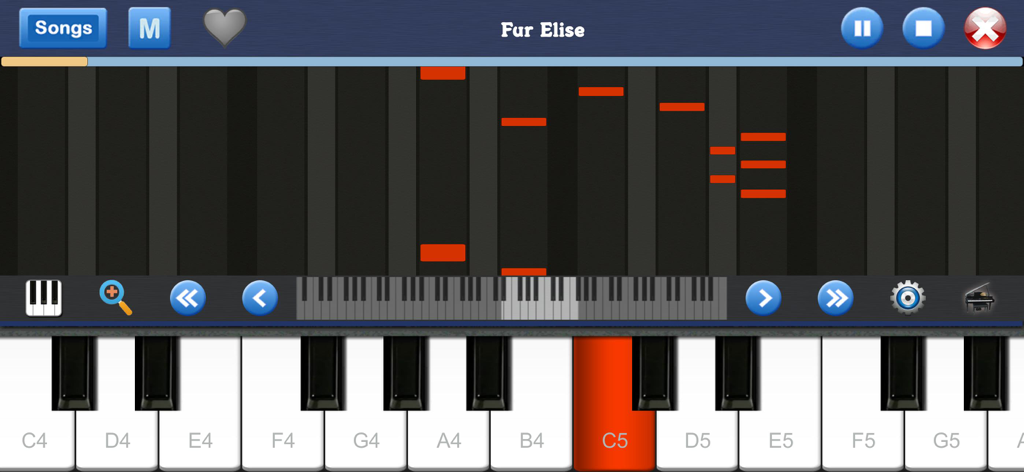 Piano Music & Songs - Mobile piano app interface with a falling notes rhythm game for Fur Elise