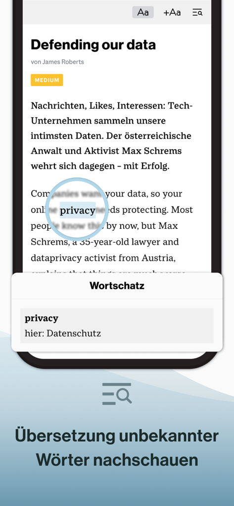 In-app translation feature for learning Business English vocabulary