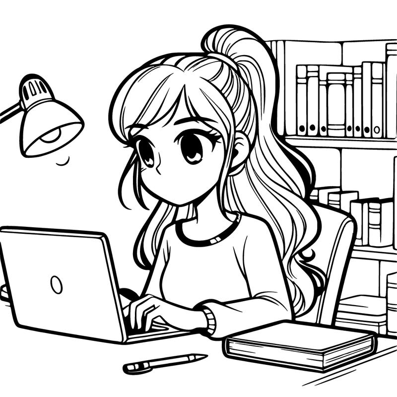 a college girl working on her computer with her hair up in a ponytail
