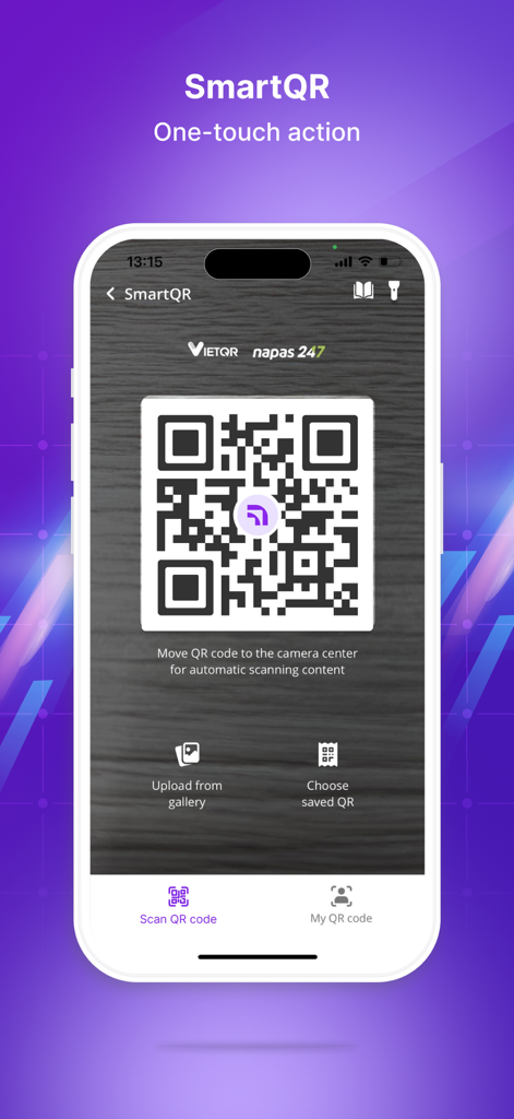 VPS SmartOne - Smartphone screen displaying the SmartQR scanner feature in the VPS SmartOne app