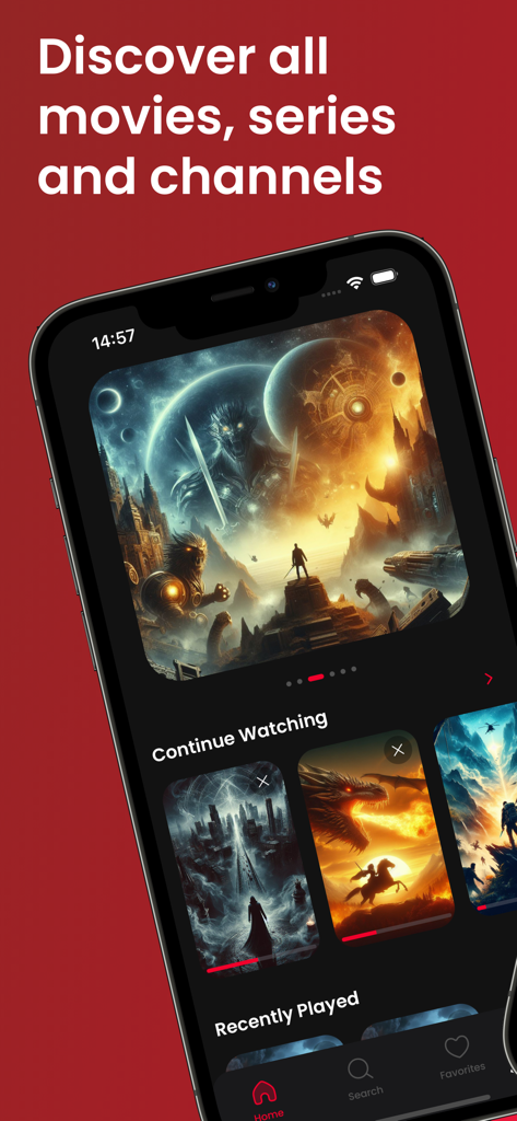 Ein Smartphone-Bildschirm, der die UPlayer IPTV-App mit Kategorien für Filme und 'Weiter schauen' anzeigt