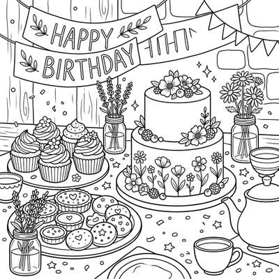 Delight in this charming cottagecore birthday coloring page featuring a spread of beautifully decorated cakes, cupcakes, and treats. Perfect for a cozy and creative celebration, this page invites you to add your unique splash of color.
