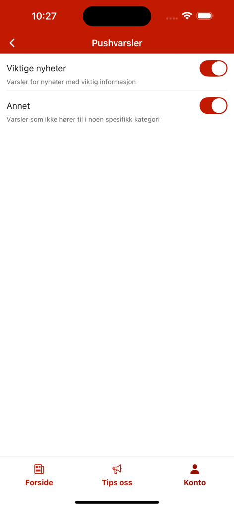 Pantalla de configuración de notificaciones push en la aplicación Ytre Sogn que muestra interruptores para alertas de noticias importantes