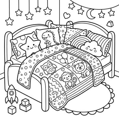 Spark imagination with this adorable coloring page featuring a cozy kids' bed. Young artists will love bringing to life the playful bedding, cute animals, and starry room decor.
