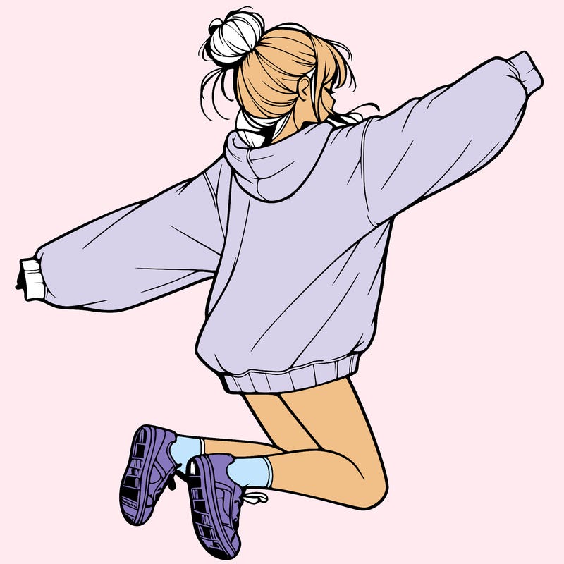 realistic girl jumping with a bun and oversized sweatshirt