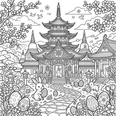 Immerse yourself in a harmonious blend of culture and festivity with this unique coloring page, featuring a serene Buddhist temple transformed by Easter joy. Discover playful bunnies, decorated eggs, and delicate spring blossoms waiting for your creative touch.