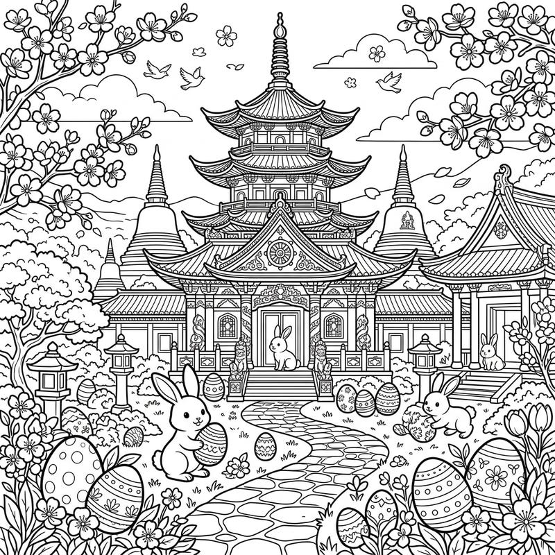 Immerse yourself in a harmonious blend of culture and festivity with this unique coloring page, featuring a serene Buddhist temple transformed by Easter joy. Discover playful bunnies, decorated eggs, and delicate spring blossoms waiting for your creative touch.