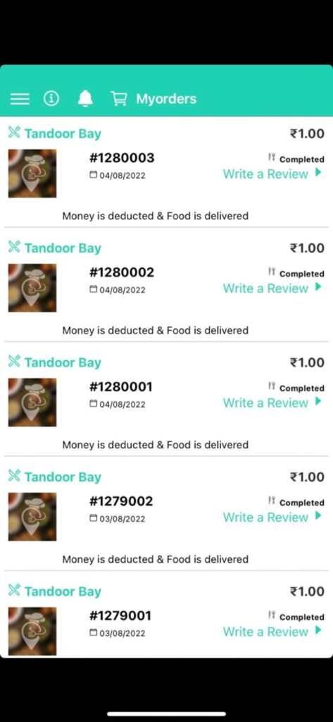 waWha - Tela do aplicativo móvel mostrando uma lista de pedidos de comida do refeitório concluídos com status e opções de avaliação.