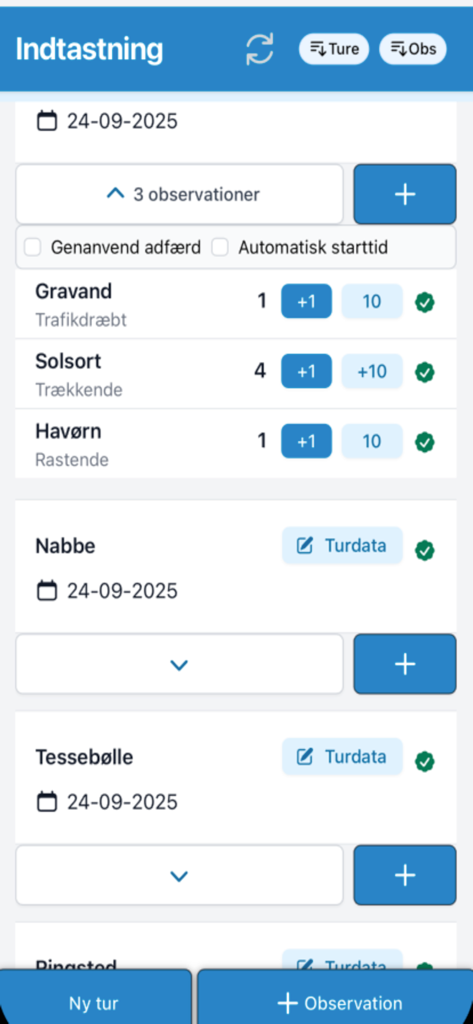 DOFbasen Indtastning - Interface of the DOFbasen Indtastning app displaying a list of bird sightings with species names and counts