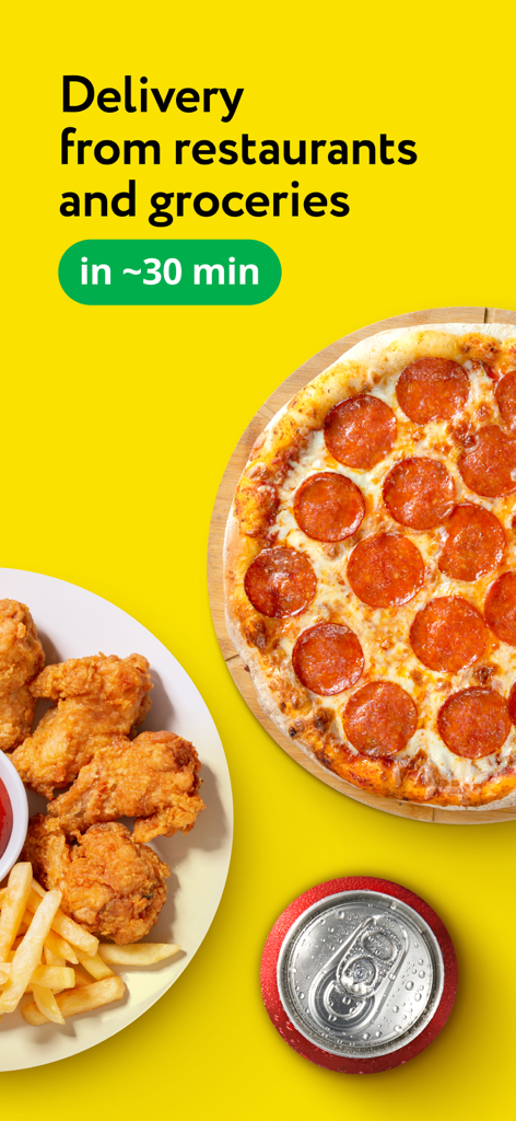 Express24: food & grocery - Express24 app promotional screen showing pizza, fried chicken, and soda with a 30-minute delivery guarantee.