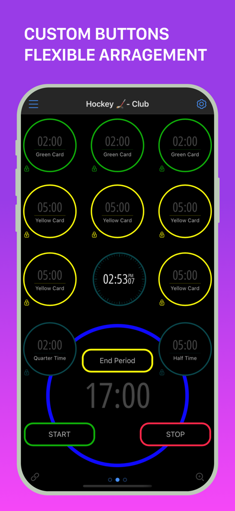 MultiTimer app interface showing a custom hockey dashboard with multiple timers for penalty cards and game periods.