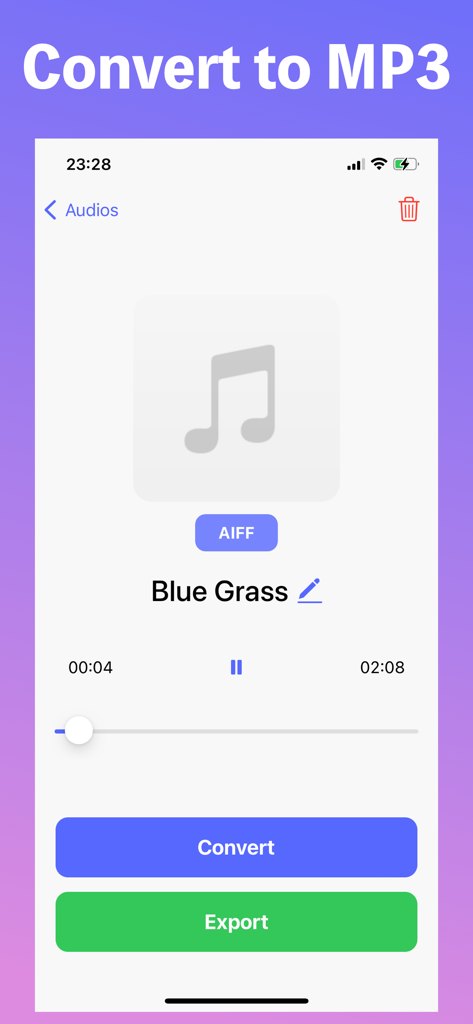 Audio Converter & Video to MP3 - Mobile app interface for converting audio files to MP3 format featuring convert and export buttons