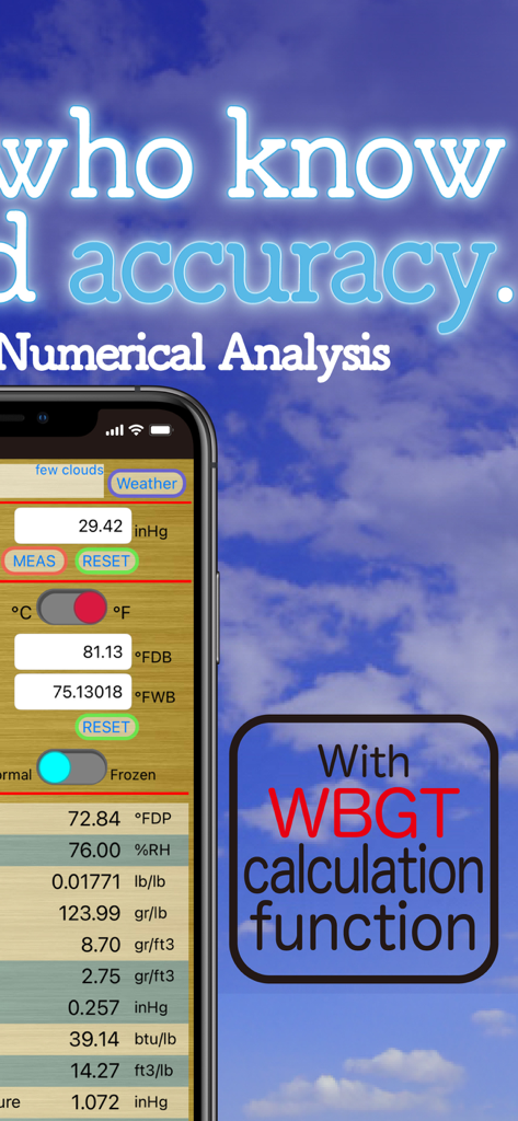 Interface de l'application HumidCalc affichant des données météo de haute précision et la fonction de calcul WBGT