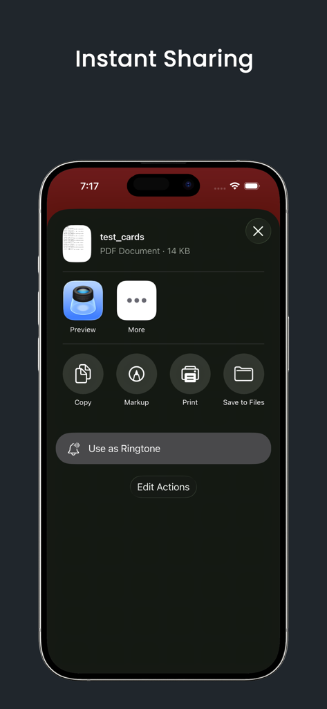 Sharing interface for exporting generated test card data as a PDF document