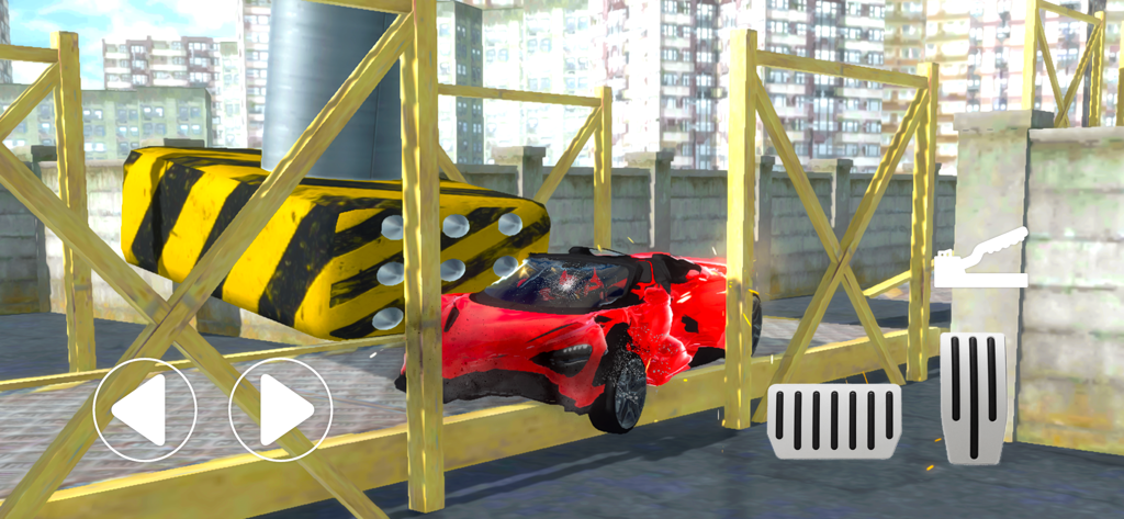 Car Crash - Stunt Parkour - A red sports car getting crushed by a heavy spiked industrial press in the Car Crash Stunt Parkour mobile game.