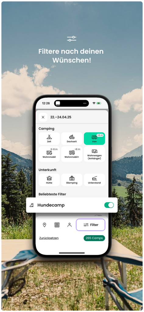 Nomady app interface showing camping search filters for vans and cabins with a scenic mountain backdrop