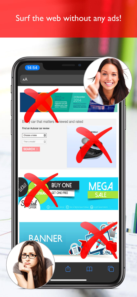 Schermo dell'iPhone che mostra il browser web con le pubblicità bloccate da grandi croci rosse