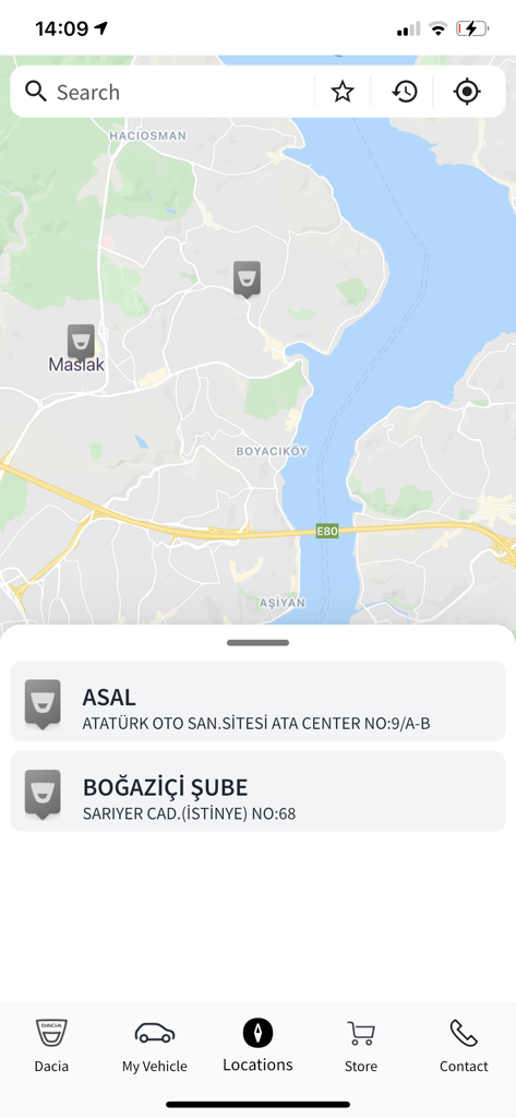 Map view showing authorized Dacia service locations and dealer addresses
