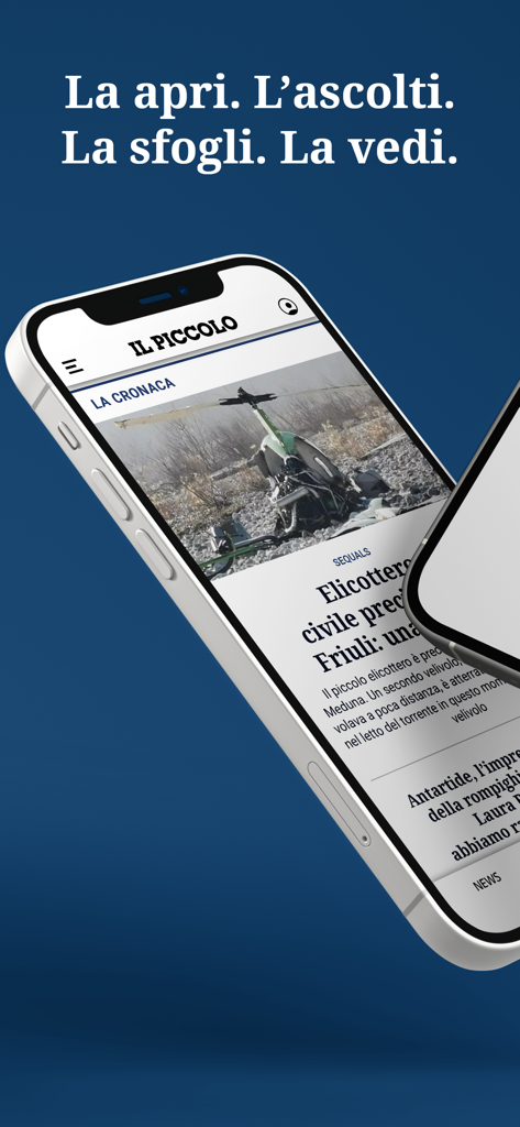 il Piccolo - Interfaz de la aplicación de noticias il Piccolo en la pantalla de un smartphone que muestra un artículo de noticias local de Trieste