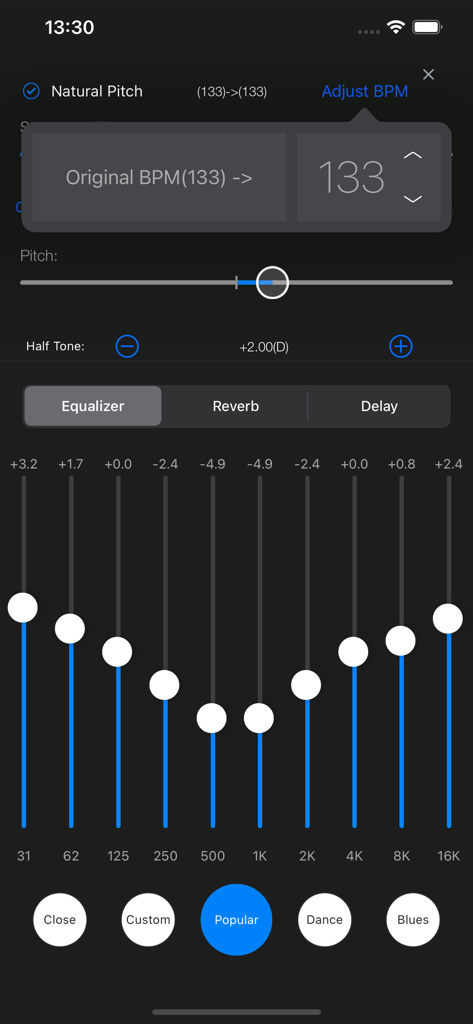 au editor - audio cutter - Au Editor mobile interface showing a 10-band equalizer and pitch adjustment tools for professional audio editing.