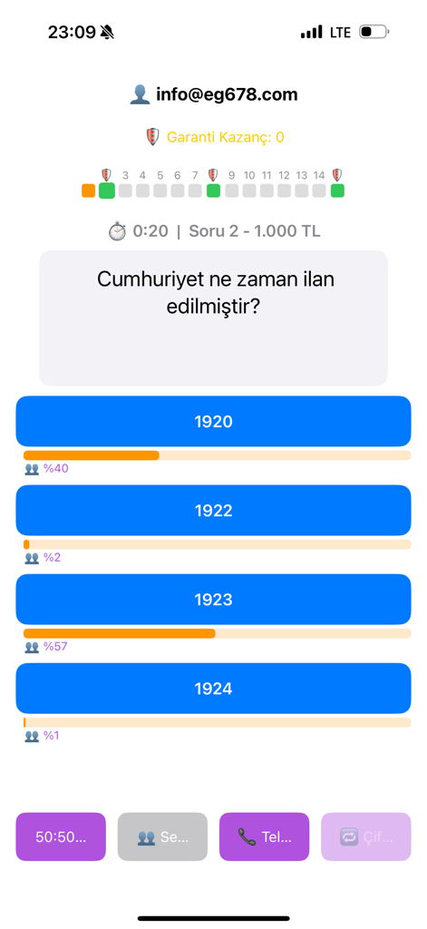 Milyoner App - Milyoner App trivia gameplay screen showing a history question with multiple choice answers and audience lifeline percentages
