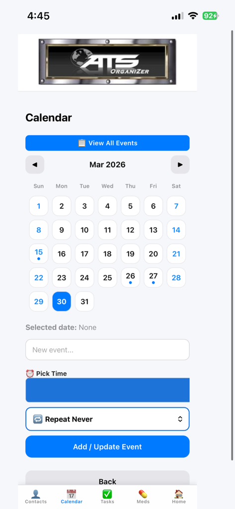 ats-organizer-app - Monthly calendar interface of the ATS OrganiZer app for scheduling life events and appointments.