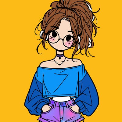 girl with a messy ponytail glasses a baggy crop top and jean shorts