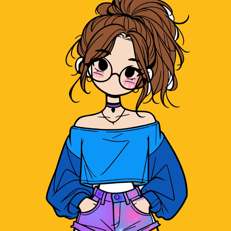 girl with a messy ponytail glasses a baggy crop top and jean shorts