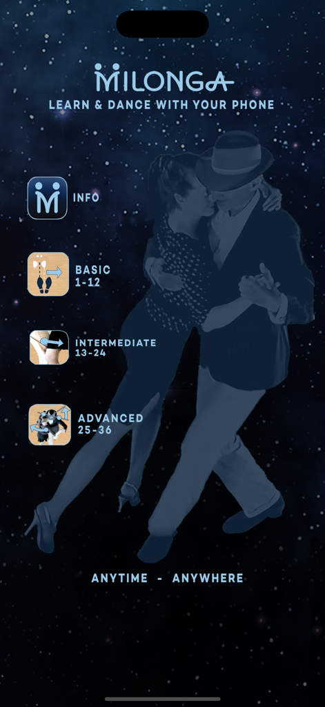Main screen of the Milonga App showing basic intermediate and advanced lesson categories over a background of a couple dancing tango