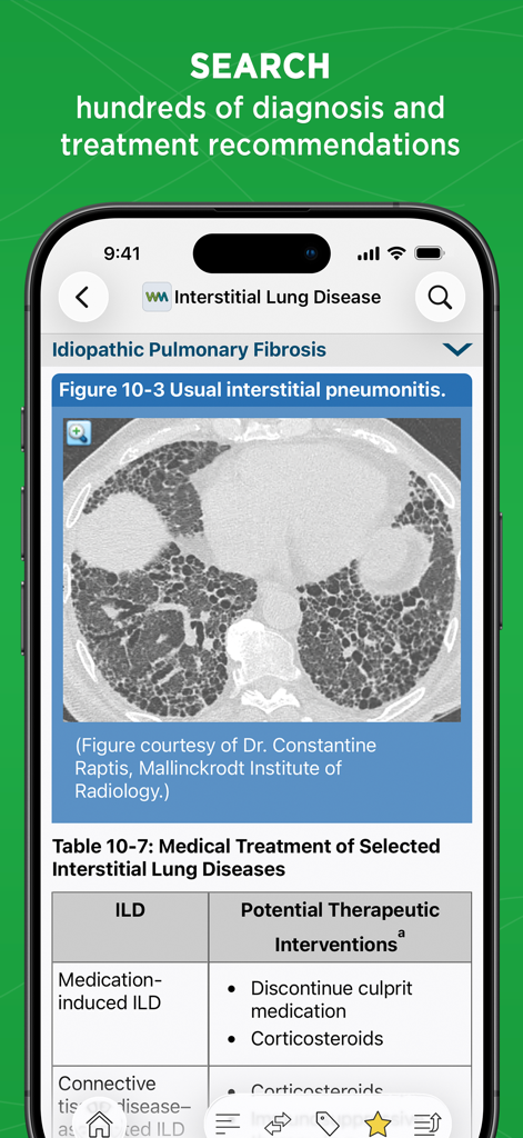 Diagnóstico médico y recomendaciones de tratamiento para enfermedades pulmonares en la aplicación The Washington Manual.