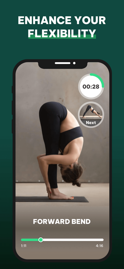 JustStretch | Flex & Mobility - Una mujer realizando un estiramiento de flexión hacia adelante en la interfaz de la aplicación móvil JustStretch.