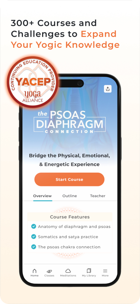 Yoga International - Yoga International app screenshot showing a specialized course on psoas diaphragm anatomy and a Yoga Alliance YACEP certification badge