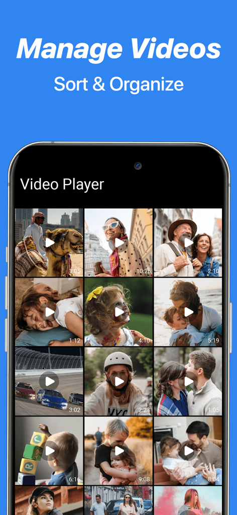 Video Player - Media Player HD - VidInsight 앱 인터페이스는 라이브러리 관리 및 정리를 위한 동영상 그리드를 보여줍니다.