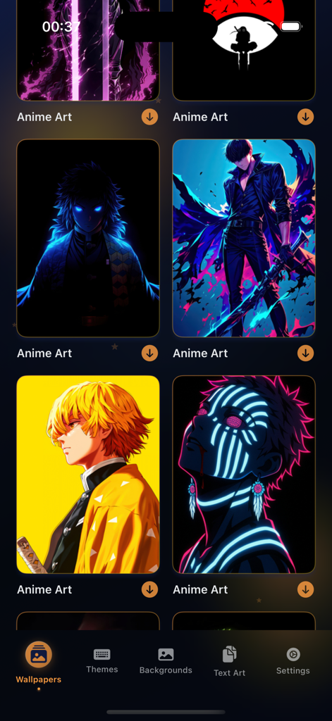 Anime Keyboard Theme - A mobile app interface displaying a gallery of stylized anime character wallpapers for keyboard customization