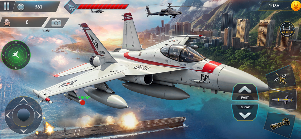 Airplane War Fighter Jet Games - Moderno avión de combate volando sobre una ciudad costera y un portaaviones en un juego de simulación de combate aéreo.