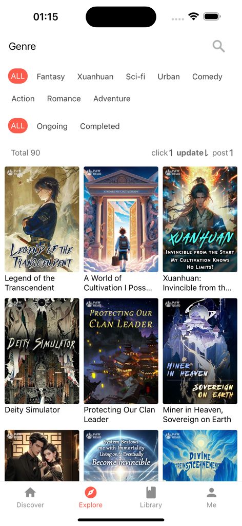 PawRead - Read Fantasy Novels - Interfaz de la aplicación PawRead que muestra una biblioteca de novelas de fantasía y xuanhuan con categorías de género.