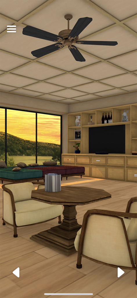 Escape Game: The Lake View - Interior of a luxury hotel suite with a sunset lake view in the Escape Game The Lake View