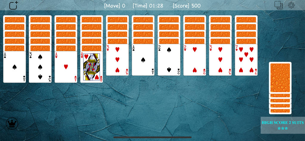 Spider Solitaire Classic Z - Jugabilidad clásica de Spider Solitaire que muestra pilas de cartas naranjas sobre un fondo texturizado azul