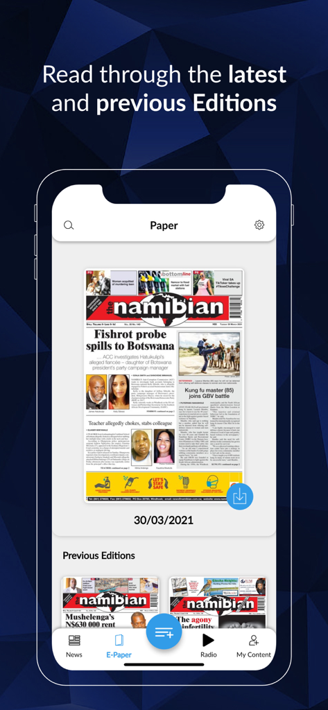The Namibian app interface showing current and past digital newspaper editions