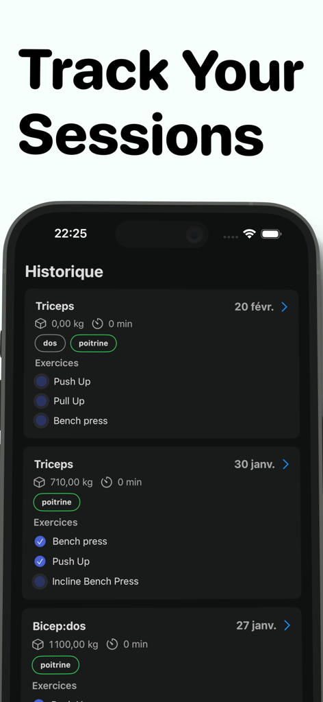 Peak Strength Workout Tracker - Workout history screen showing a list of past training sessions with exercises like bench press and push ups