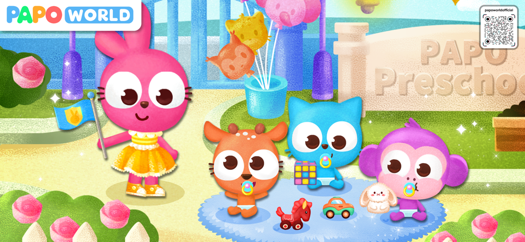 Papo Town Play House - Cartoon animal friends playing with toys at Papo Preschool